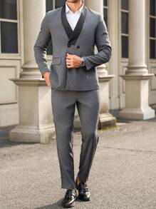 Manfinity Mode 2pcs Men's Front Button Faux Pocket Long Sleeve Shirt And Pants Suit - Dark Grey - View 1