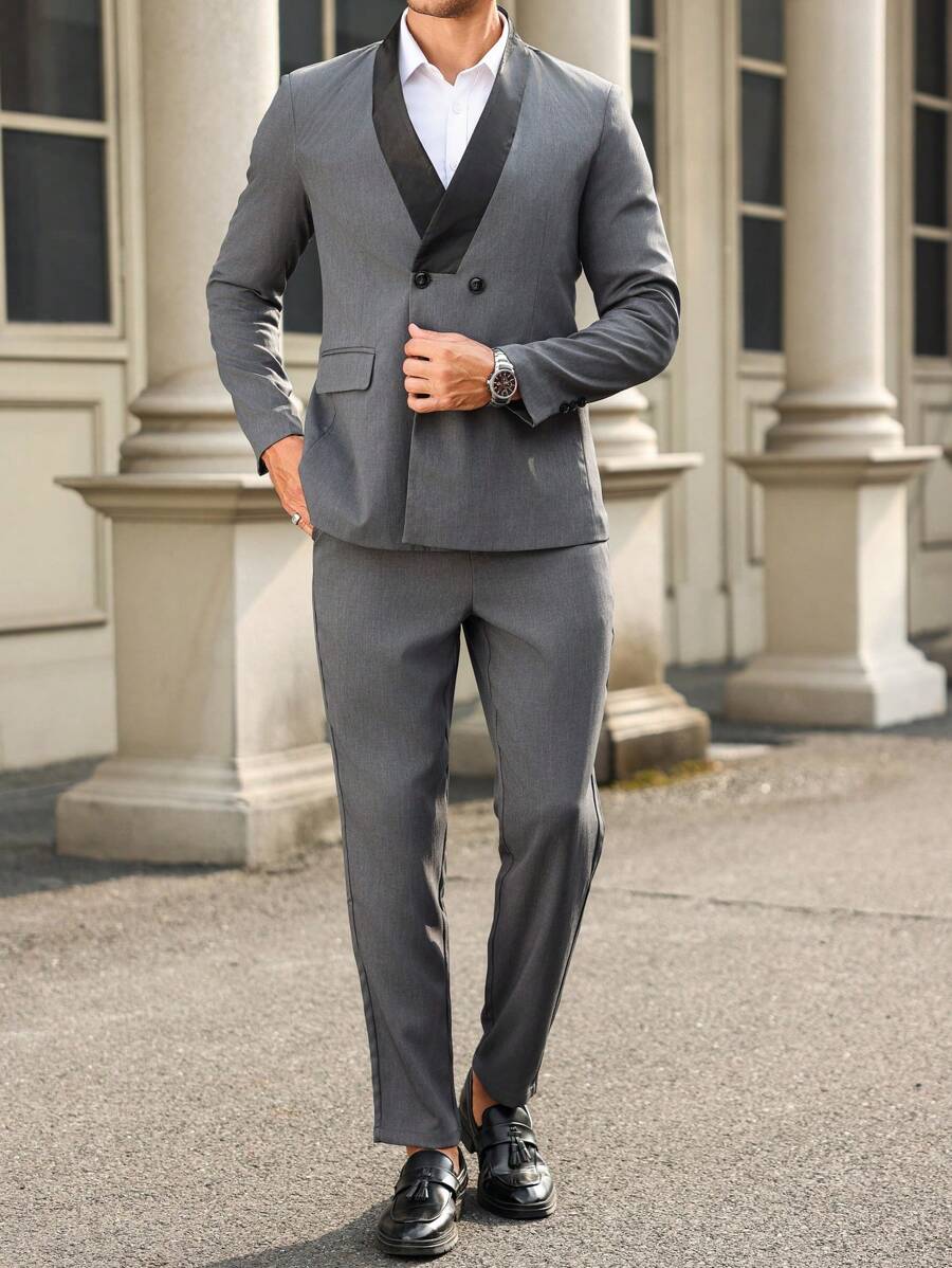 Manfinity Mode 2pcs Men's Front Button Faux Pocket Long Sleeve Shirt And Pants Suit - Dark Grey - View 1