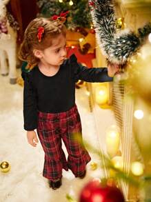 Set da abbigliamento natalizio per neonata con body a maniche lunghe nero e pantaloni a quadri rossi, collezione autunno/inverno