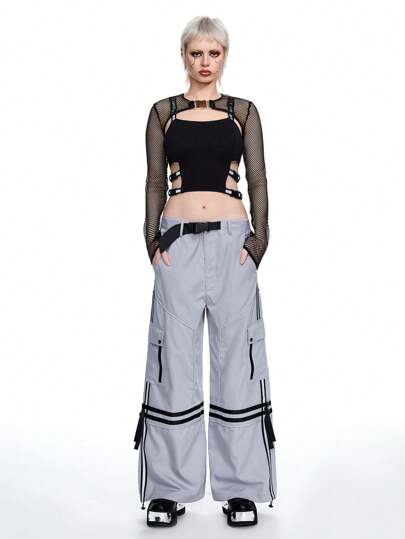 Grunge Punk Cyberpunk Style Loose Fit Adjustable Hem Cargo Pants With Reflective Stripes