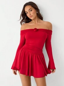 SHEIN Unity 女士露肩长袖碎花褶皱优雅连衣裙 - 紅色 - 查看 3