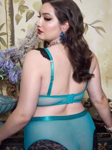 Plus Size Contrast Lace Shell Edge Bra & Wireless Bra, Lingerie - Dark Green - View 2
