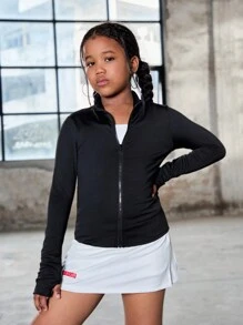 SHEIN Tween Girls Solid Color Fitted Knit Casual Long Sleeve Sports Jacket - Black - View 4