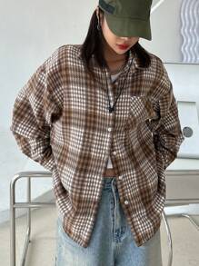 DAZY Women's Spring & Summer Plaid Pocket Loose Long Sleeve Blouse
