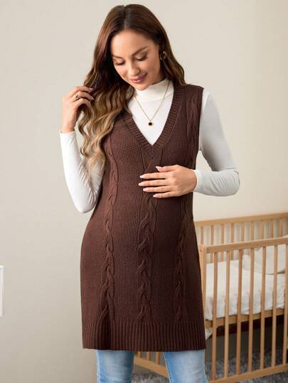 SHEIN Maternity Solid Color Knit Vest With Side Slit, Autumn/Winter Knitwear