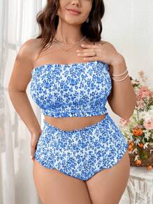 SHEIN Swim Curve Bikini Bandeau in họa tiết hoa bãi biển mùa hè cỡ lớn Bộ bikini hai mảnh - Xanh và trắng - Xem 4