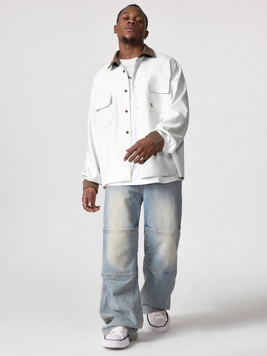 Manfinity VCAY Men's Loose Fit Embroidered Long Sleeve Woven Shacket, For Fall Winter - White - View 1