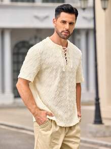 Manfinity VCAY Camisa de hombre de ajuste slim con media cartera perforada, caída de hombros, para verano - Albaricoque - Ver 5