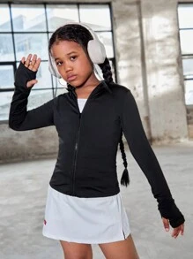 SHEIN Tween Girls Solid Color Fitted Knit Casual Long Sleeve Sports Jacket - Black - View 5