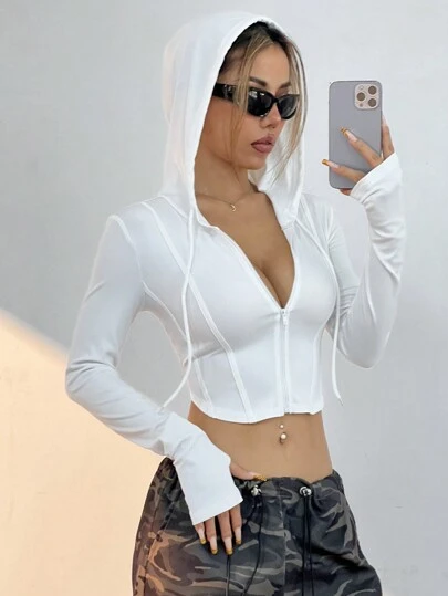 SHEIN EZwear Chaqueta con capucha con cremallera completa de unicolor para mujer, uso casual diario en otoño/invierno