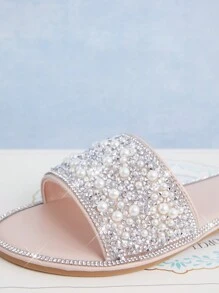 Mini mi Kinder Schlüpf-Sandalen mit Perlen Verzierungen und Strass Details - Süß, Stylisch & Luxuriöse Bequemlichkeit für kleine Prinzessinnen