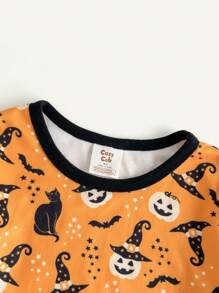 Cozy Pixies 2pcs Pumpkin Pattern Splicing Round Neck Long Sleeve Snug Fit Pajama Top And Pants Set For Young Boys - Multicolor - View 5