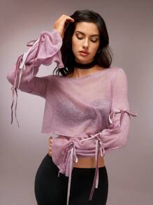 SHEIN Unity Áo cánh nữ cổ tròn tay dài buộc dây thời trang thiết kế lưới cắt cúp lãng mạn nhẹ nhàng thanh lịch - Màu tím hoa cà - Xem 7