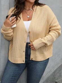 SHEIN LUNE Plus Size Women's Solid Casual Long Sleeve Cardigan Fall Cloth For Women - Khaki - View 1