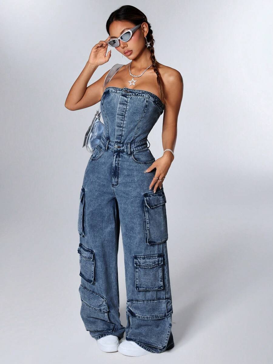 SHEIN ICON Bộ đồ liền thân denim không tay cho nữ - Rửa tối - Xem 1