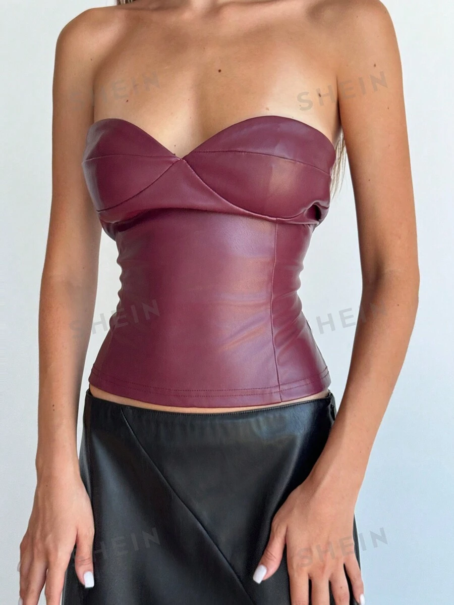 Aloruh Top camisola corto con copa de PU burdeos para salir, festivales de música, casual con espalda descubierta, cierre para mujer, ajuste ceñido, burdeos liso, uso casual diario, primavera/verano