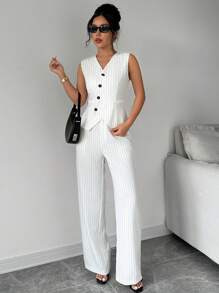 1 Set de traje de trabajo con chaleco sin mangas con botones frontales a rayas y pantalones - Multicolor - Ver 6