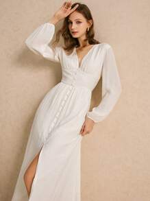 Poéselle 女式白色长袖超长连衣裙 V 领前纽扣收腰下摆开叉度假超长连衣裙、轻盈连衣裙、乡村风格连衣裙、布里奇顿风格连衣裙、优雅连衣裙、仙女服装连衣裙、白色飘逸连衣裙、中长女式连衣裙、长款秋季连衣裙、法式 - 白色 - 查看 1