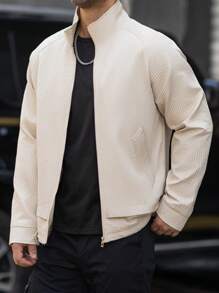 Manfinity Homme Men Textured Knit Cardigan Jacket, Stand Collar, Beige, Fall - White - View 1