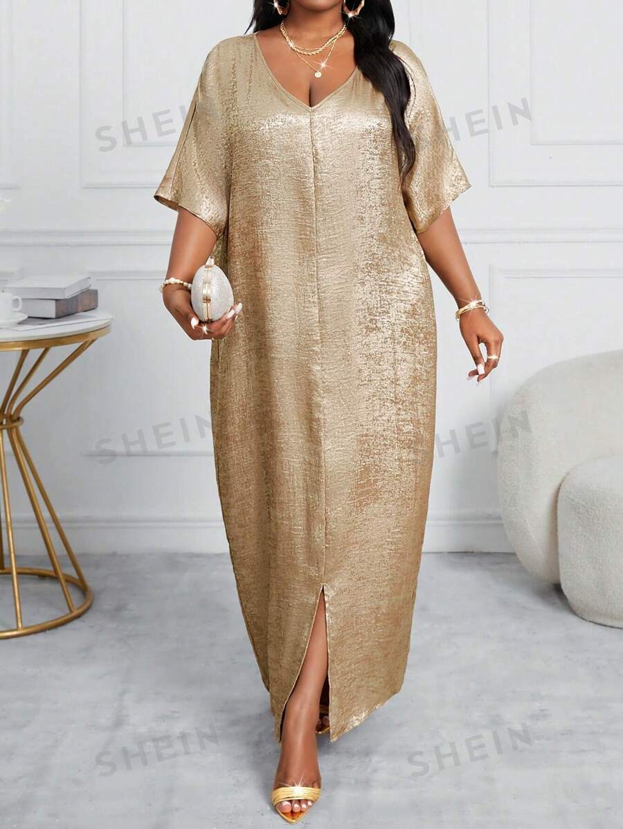 SHEIN Lady Vestido maxi casual de talla grande para fiesta de cumpleaños con cuello en V, manga corta, simple y brillante con abertura - Dorado - Ver 1