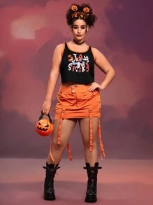 SHEIN X Care Bears 大码女式万圣节卡通熊和字母图案背心，夏季 - 黑色 - 查看 5