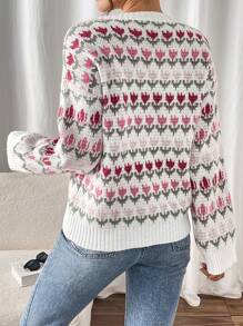 Chiquease Women Floral Pattern Crew Neck Long Sleeve Sweater, Knit Pullover Fall Winter - Multicolor - View 2
