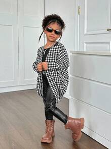 SHEIN Young Girl Knit Geometric Pattern Loose Casual Cardigan - Black and White - View 3