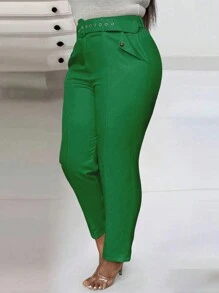 SHEIN Unity Plus Size Plain Pants With Waist Belt, Everyday Wear Fall Cloth For Women - Green - View 3