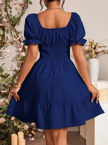 Rafferiza Đầm thanh lịch tay bồng ngắn buộc nơ phía trước màu trơn mùa hè cho nữ - Màu xanh hải quân - Xem 2