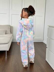 SHEIN 年轻女孩扎染针织毛绒连帽休闲连体裤