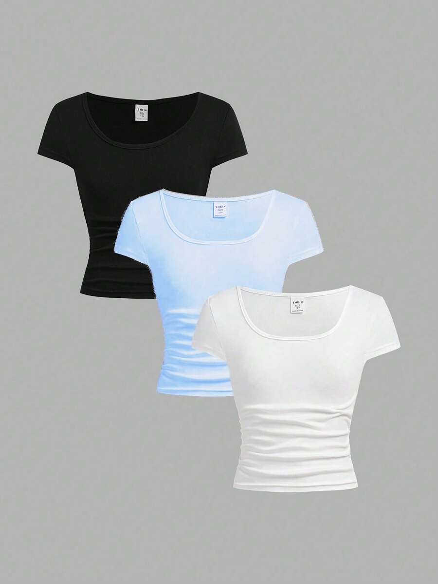 Sparklyn Set de 2 piezas Blusa de niña preadolescente de manga corta con cuello cuadrado