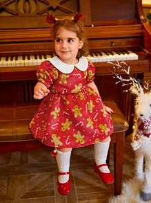 1 件装女婴圣诞节假期印花领腰褶边连衣裙，公主风格 - 彩色 - 查看 6