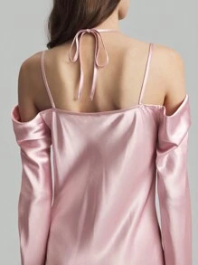 Ontre Elegant Fitted Off Shoulder Bell Sleeve Fish Tail Silk Party Dress, Pink Pastel Dress