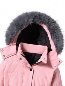 Young Girls Fluffy Collar Pink Windproof Mid-Length Coat - Pink - View 3