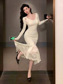 DAZY Women's Elegant Solid Color Lace Patchwork Mermaid Fitted Sweater Dress, Spring & Fall Prom Dress
