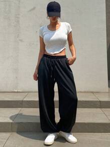 DAZY Pantalon de survêtement noir décontracté à doublure thermique et cordon de serrage pour femmes, joggers pour femmes