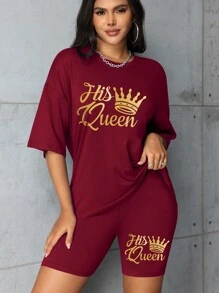 Fashionable Short Sleeve T-Shirt And Shorts Set Casual Summer - Burgundy - View 4