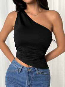 SHEIN EZwear Women's Solid Color Asymmetrical Shoulder Sleeveless Hollow-Out Casual Top With Back Tie