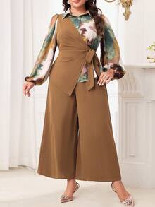 Modelyn 2 件大码春秋优雅花卉印花系腰裹身衬衫和纯色阔腿裤套装 - 彩色 - 查看 7