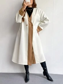 SHEIN Privé Mantel Rajut Tebal Hangat 2-in-1 Warna Kontras 2-in-1 untuk Wanita Ukuran Besar, Nyaman, Kasual, dan Sehari-hari, Warna Aprikot, Cocok untuk Musim Gugur & Musim Dingin - Aprikot - View 5
