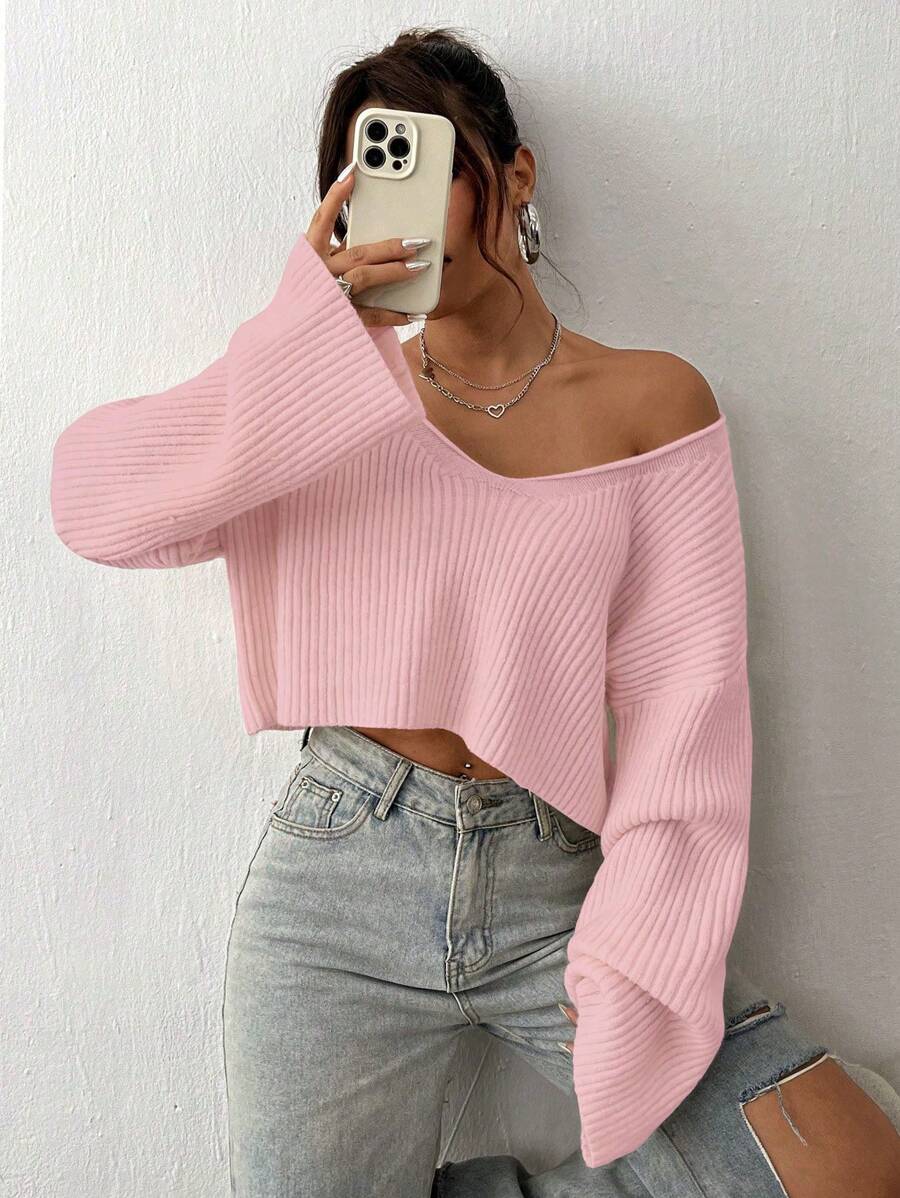 Textured V-Neck Long Sleeve Minimalist Sweater, Casual Everyday Wear - Pink - View 1
