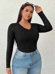SHEIN EZwear Plus Size Crew Neck Long Sleeve Form-Fitting Elegant And Sweet Charming Fashion Bodysuit, For Winter