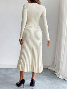 Firerie 女士深 V 领长袖纽扣合身褶皱优雅连衣裙 - 杏色 - 查看 7