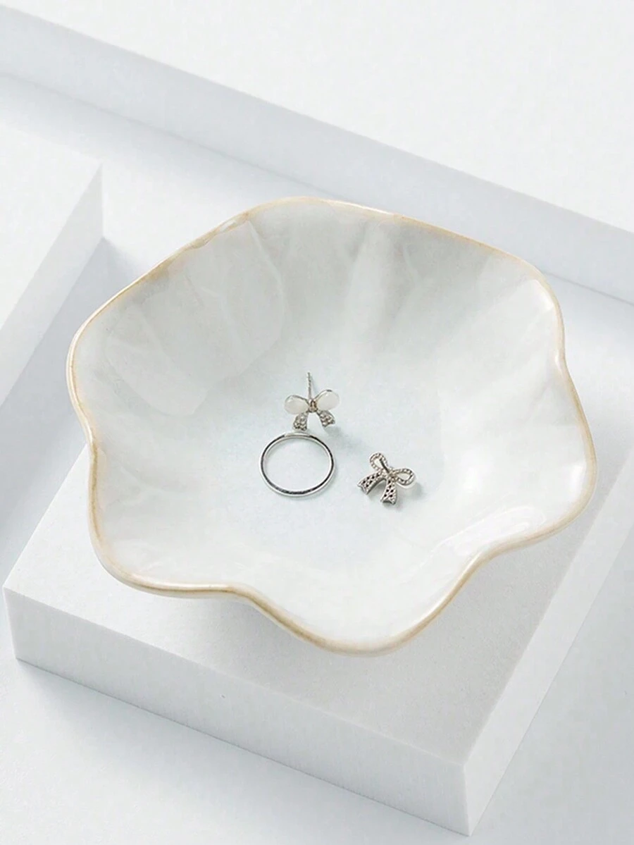 1pc Ceramic Flower Petal Jewelry Tray, Decorative Trinket Dish With
