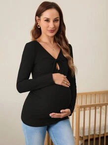 SHEIN Maternity Autumn Tight Long Sleeve Solid Color Knitted T-Shirt - Black - View 3