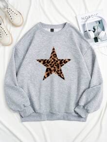 SHEIN LUNE Casual Leopard Print & Star Pattern Round Neck Loose Fit Long Sleeve Sweatshirt For Women, Autumn/Winter - Light Grey - View 6