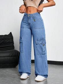SHEIN ICON Women's Casual Washed Cargo Wide-Leg Jeans