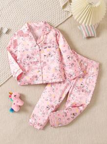 Conjunto de 2 peças de calças casuais e blusa de cetim com estampa de unicórnio para meninas