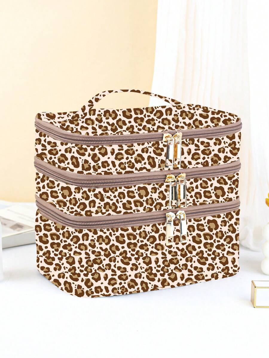 Ariqdhaksinargha Artist Leopard Print Fashionable 3 Layer Cosmetic Bag For Storage, Square-Shaped Makeup Bag - Multicolor - View 1