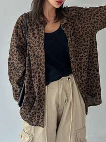 DAZY 女士灯芯绒常规领宽松衬衫猎豹纹印花 - 彩色 - 查看 2